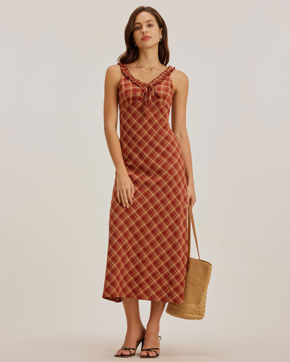 Red Plaid V Neck Slip Maxi Dress - Threadford