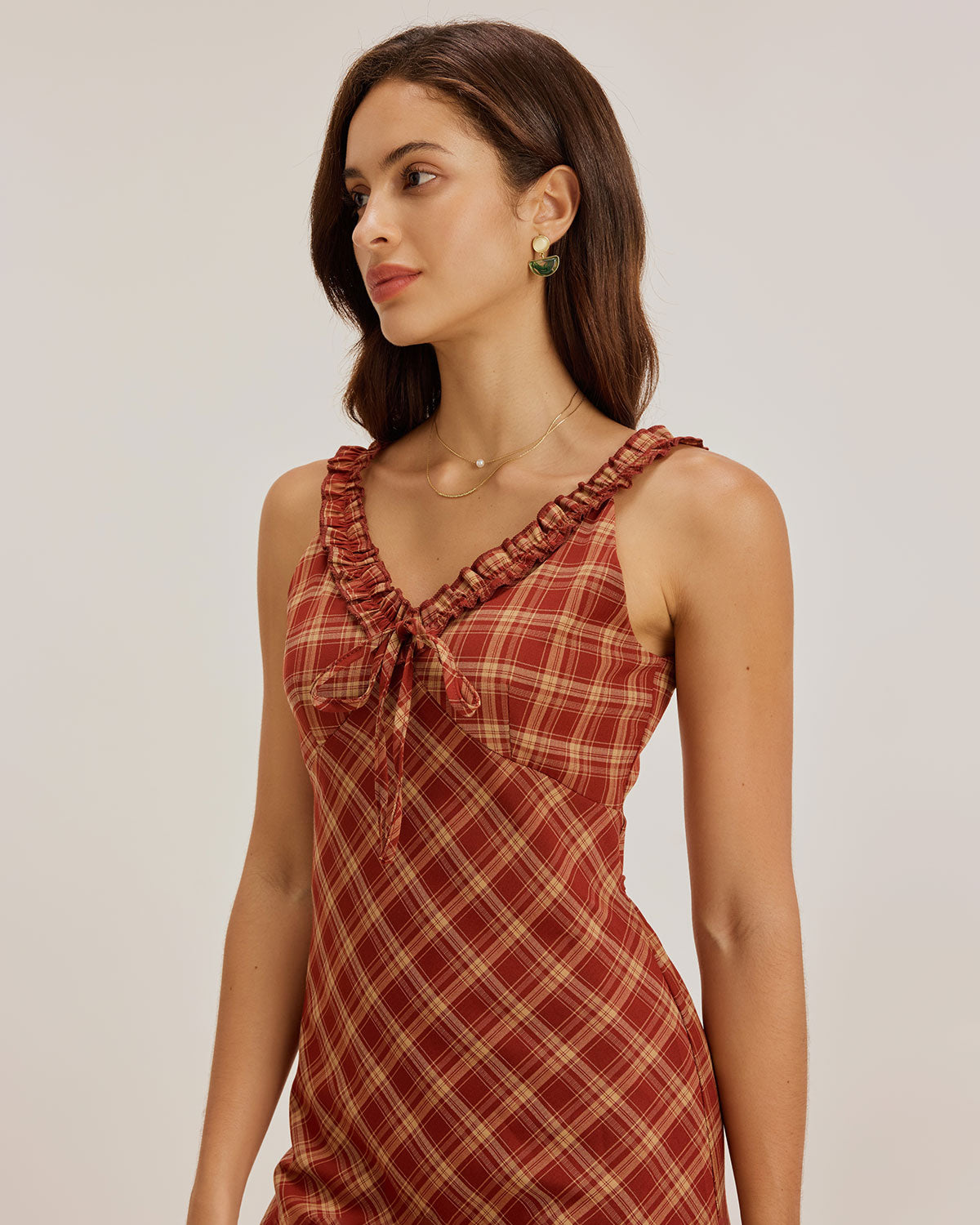 Red Plaid V Neck Slip Maxi Dress - Threadford