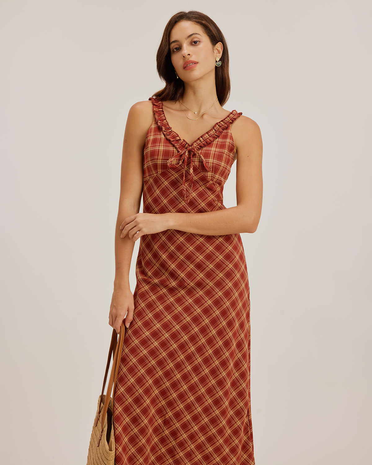 Red Plaid V Neck Slip Maxi Dress - Threadford