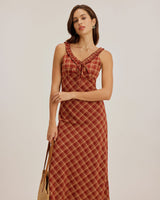 Red Plaid V Neck Slip Maxi Dress - Threadford