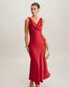 Red Satin Cowl Neck Backless Maxi Dress - Threadford