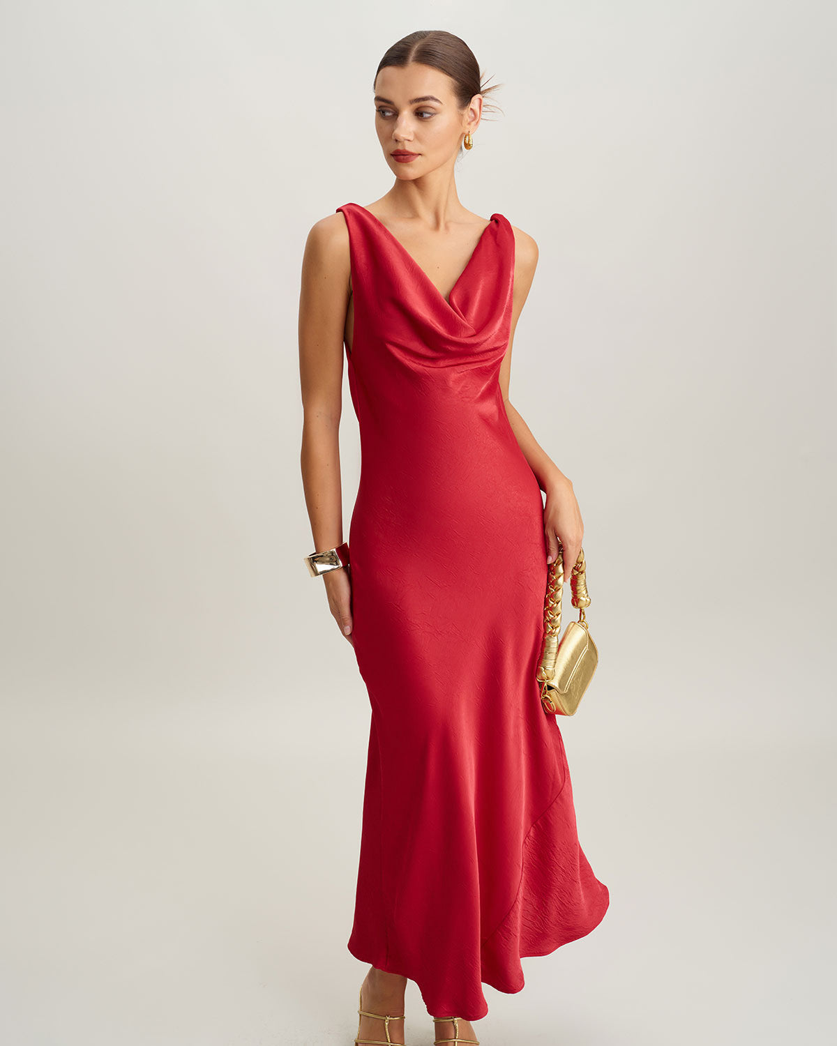 Red Satin Cowl Neck Backless Maxi Dress - Threadford