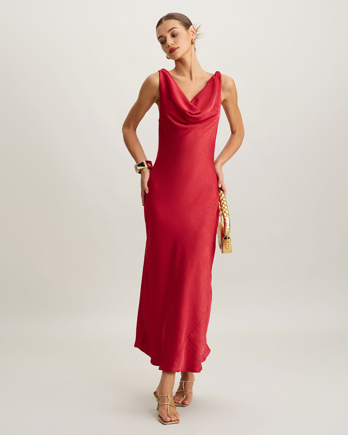 Red Satin Cowl Neck Backless Maxi Dress - Threadford