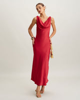 Red Satin Cowl Neck Backless Maxi Dress - Threadford