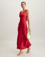 Red Satin Cowl Neck Backless Maxi Dress - Threadford