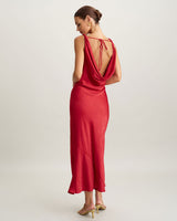 Red Satin Cowl Neck Backless Maxi Dress - Threadford