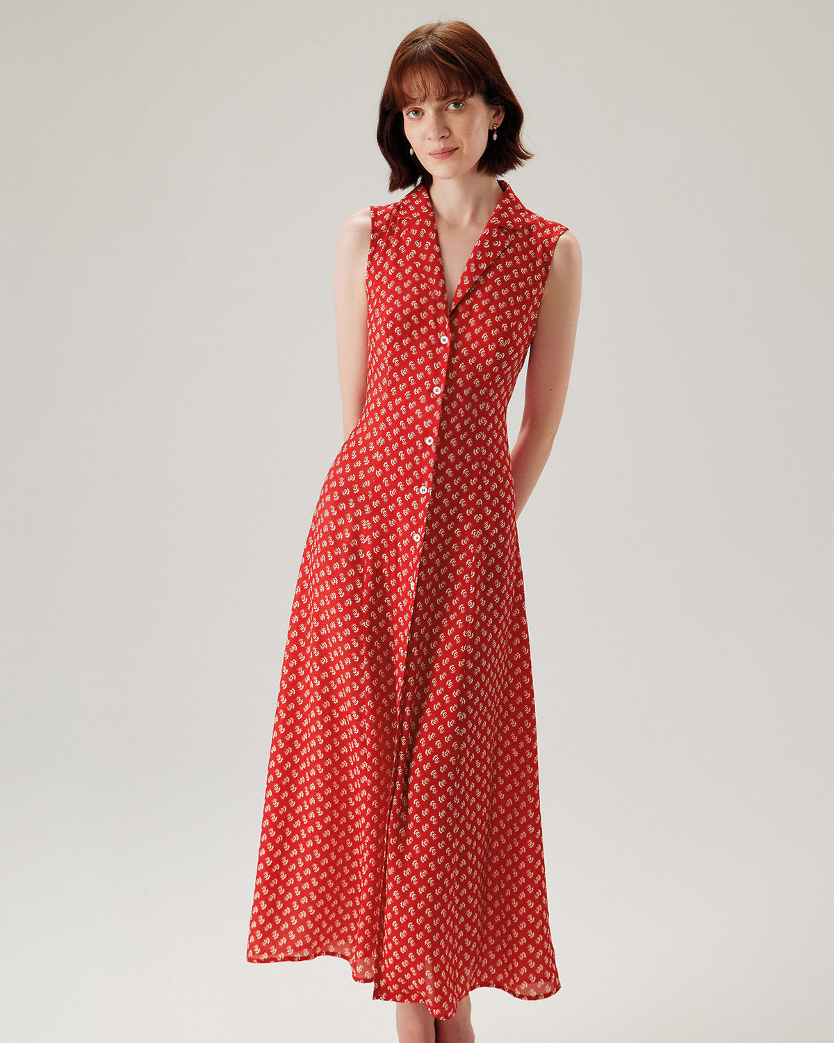 Red Floral Button Sleeveless Maxi Dress - Threadford