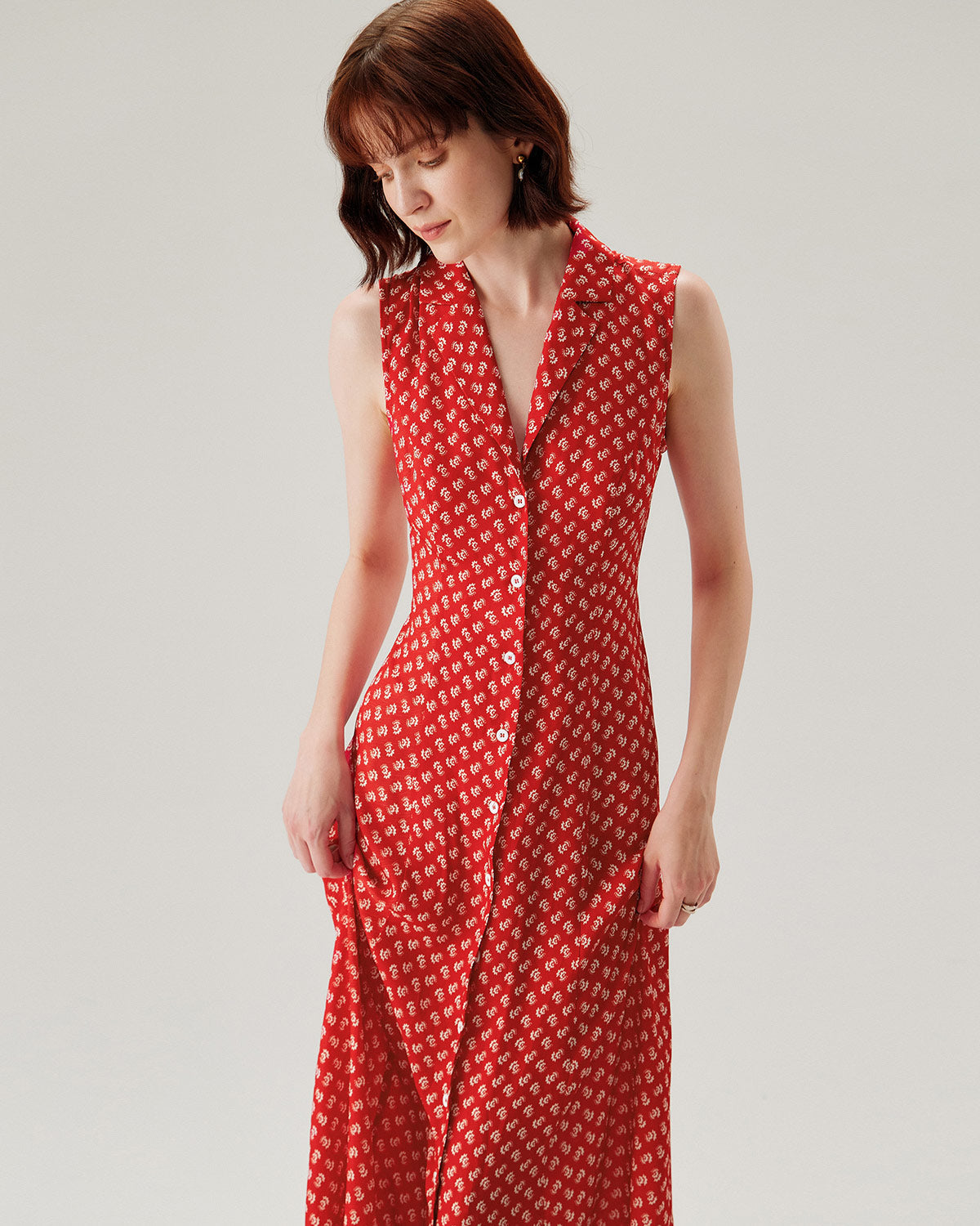 Red Floral Button Sleeveless Maxi Dress - Threadford