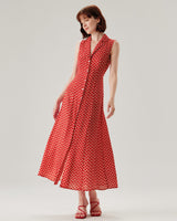 Red Floral Button Sleeveless Maxi Dress - Threadford