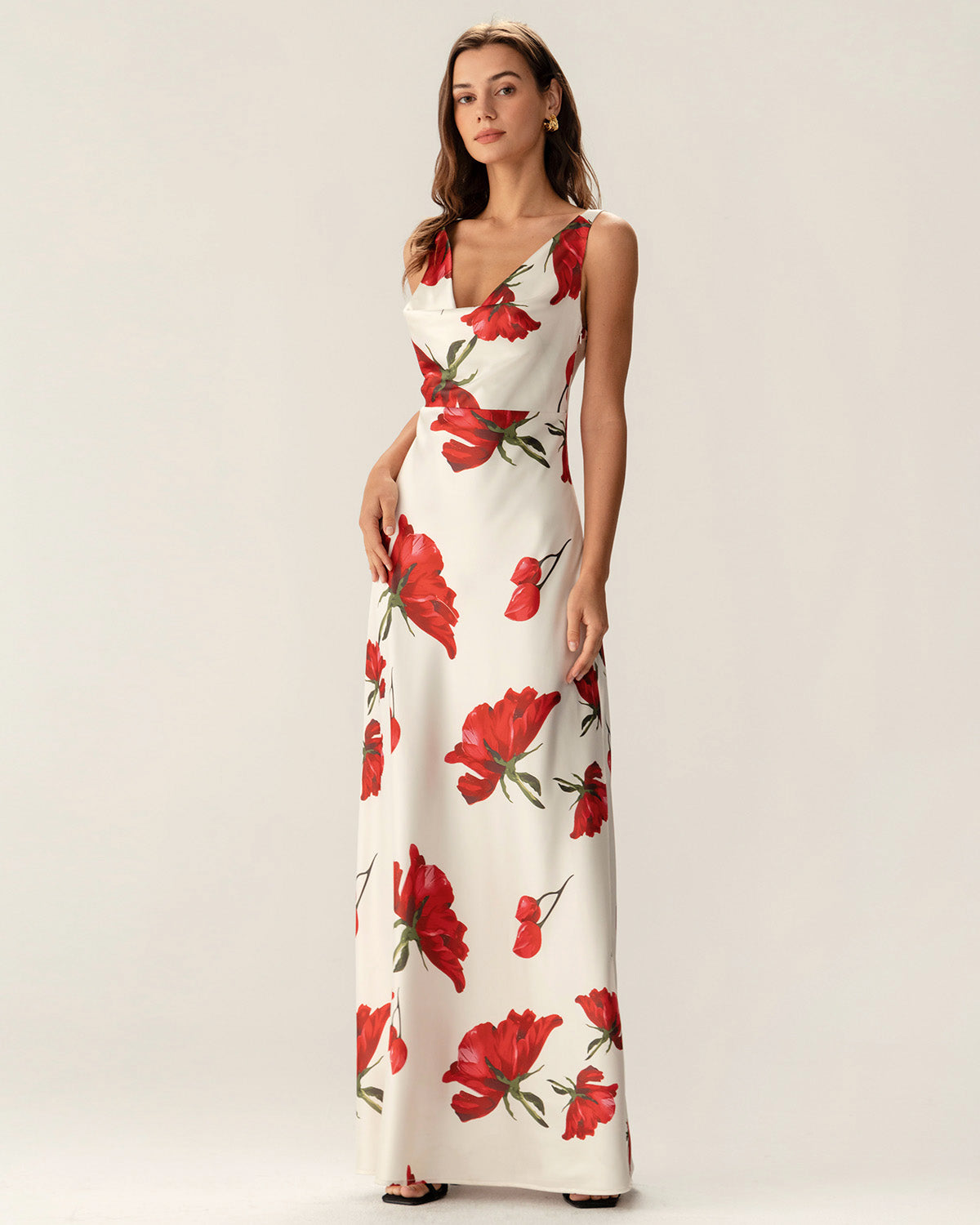 Red Floral Satin Slip Maxi Dress - Threadford