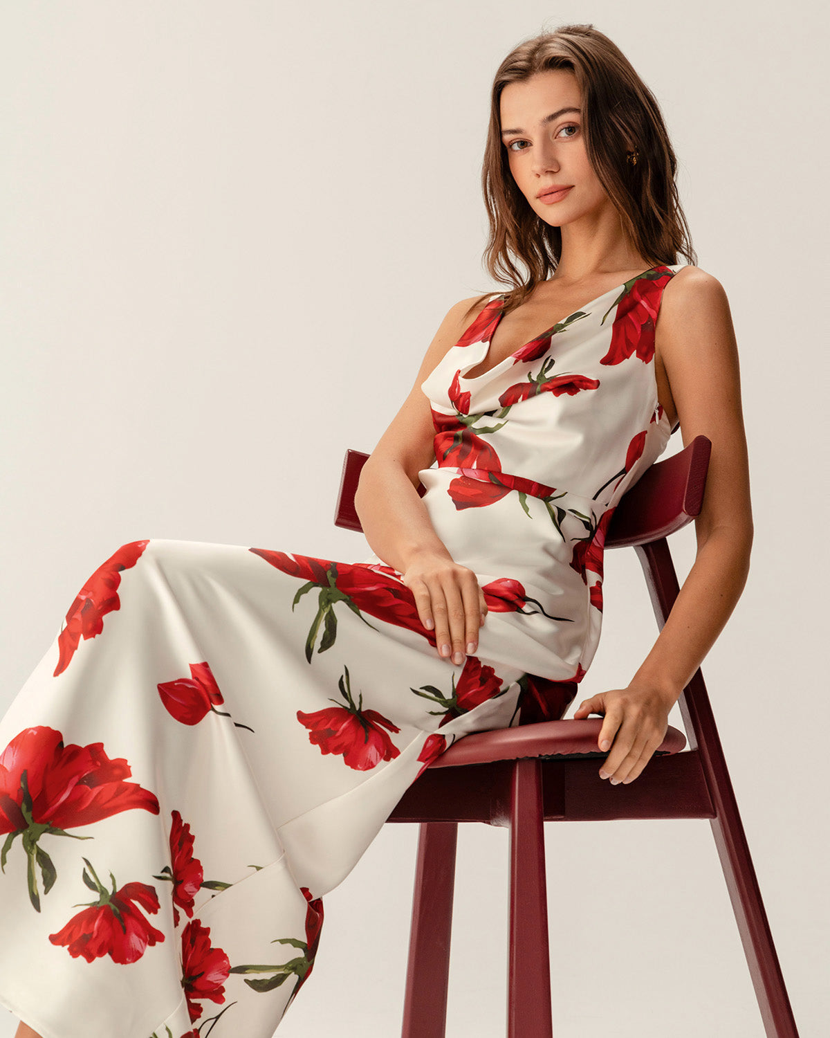 Red Floral Satin Slip Maxi Dress - Threadford