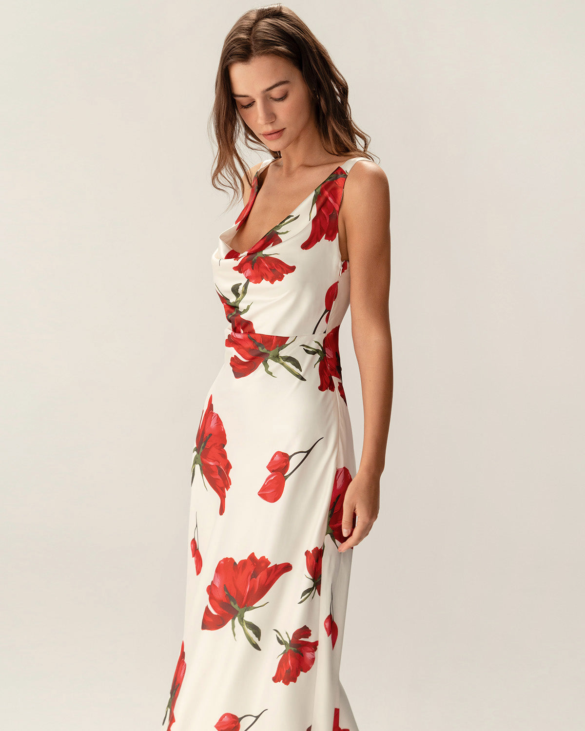 Red Floral Satin Slip Maxi Dress - Threadford