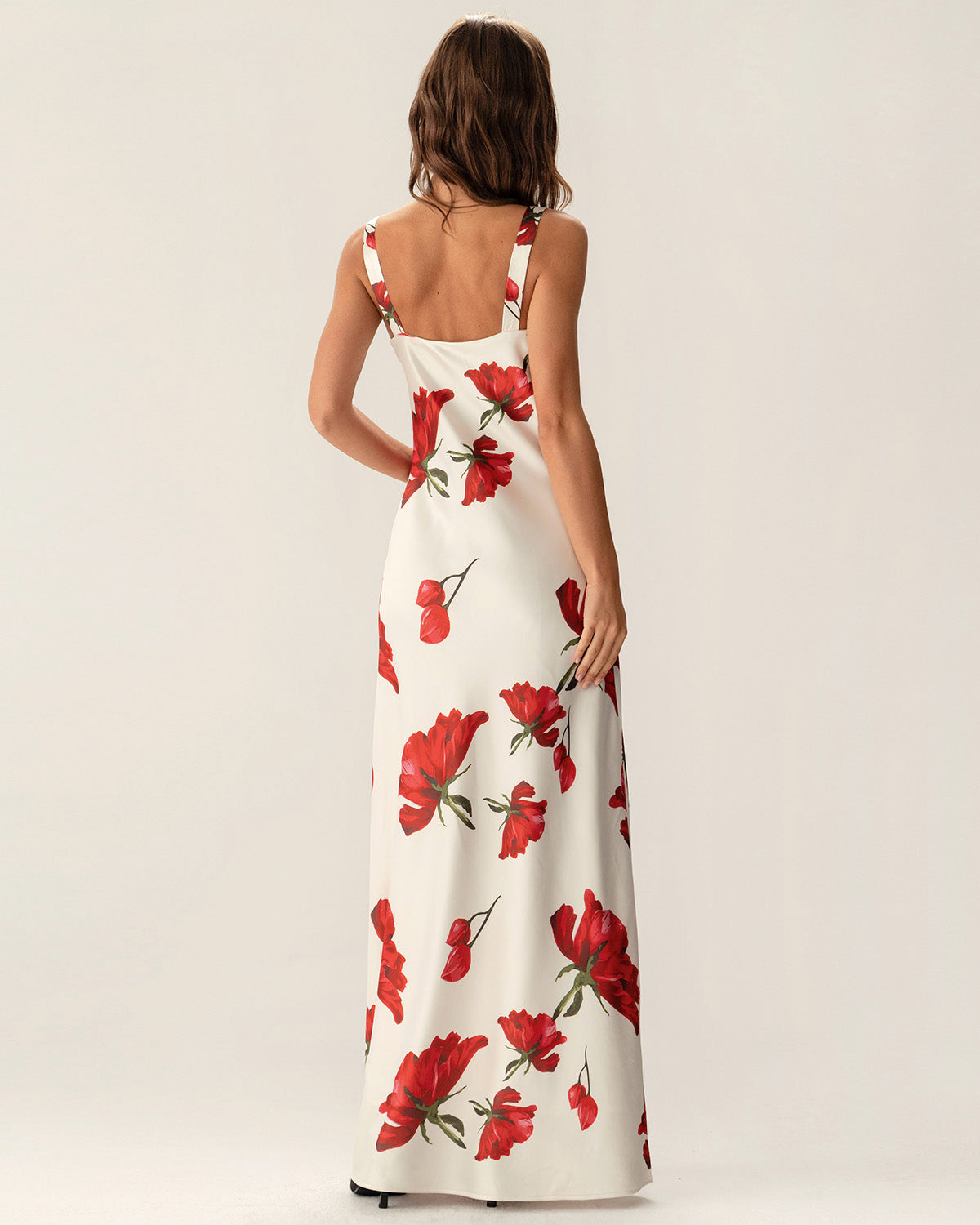 Red Floral Satin Slip Maxi Dress - Threadford