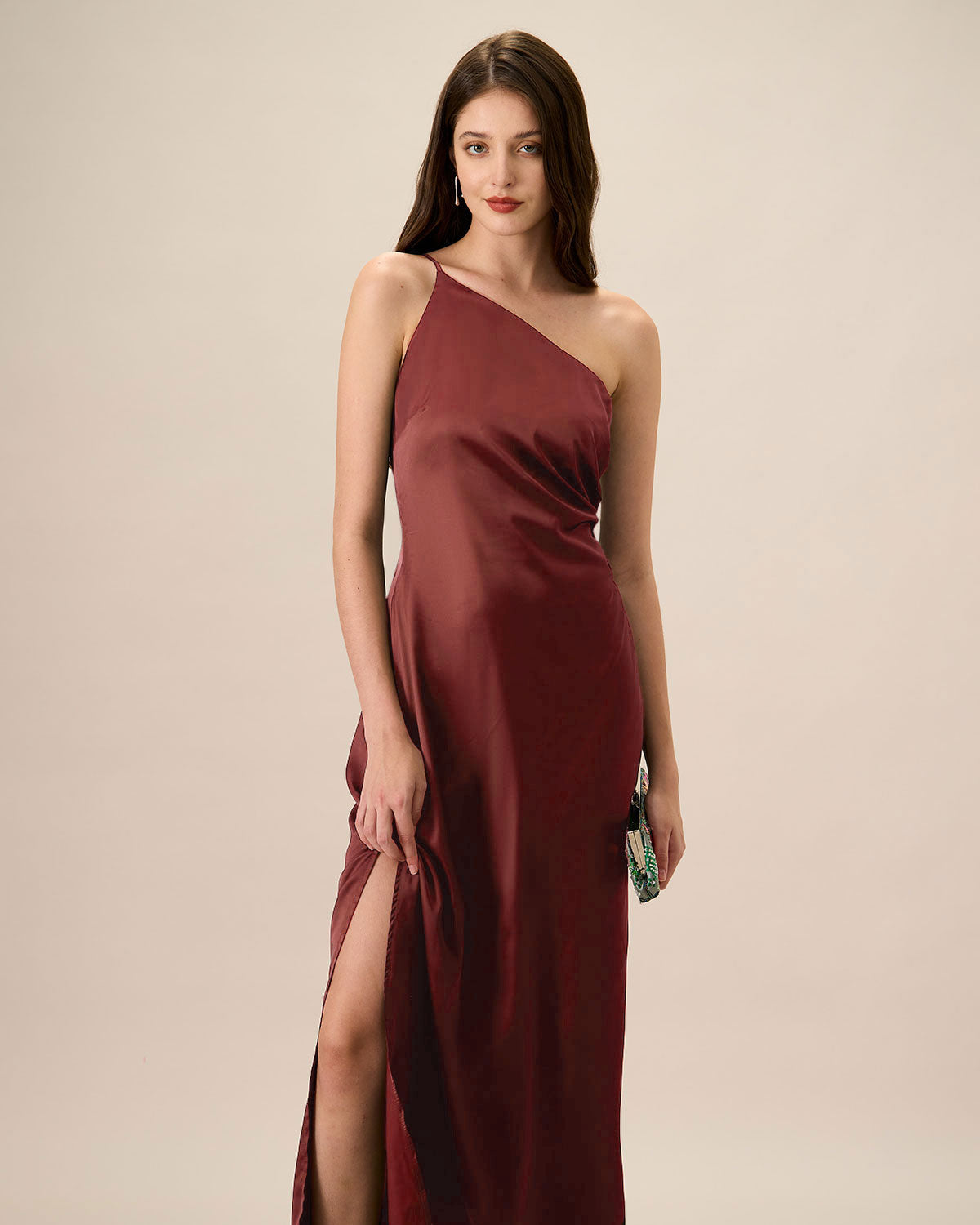 Red One-shoulder Satin Maxi Dress - Threadford