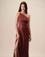 Red One-shoulder Satin Maxi Dress - Threadford