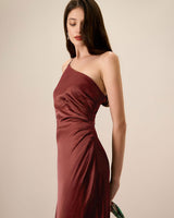 Red One-shoulder Satin Maxi Dress - Threadford