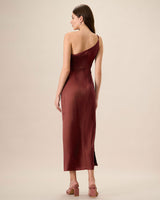 Red One-shoulder Satin Maxi Dress - Threadford