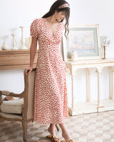 The Red V-Neck Floral Puff Sleeve Maxi Dress - Threadford