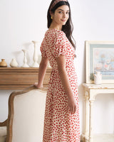 The Red V-Neck Floral Puff Sleeve Maxi Dress - Threadford