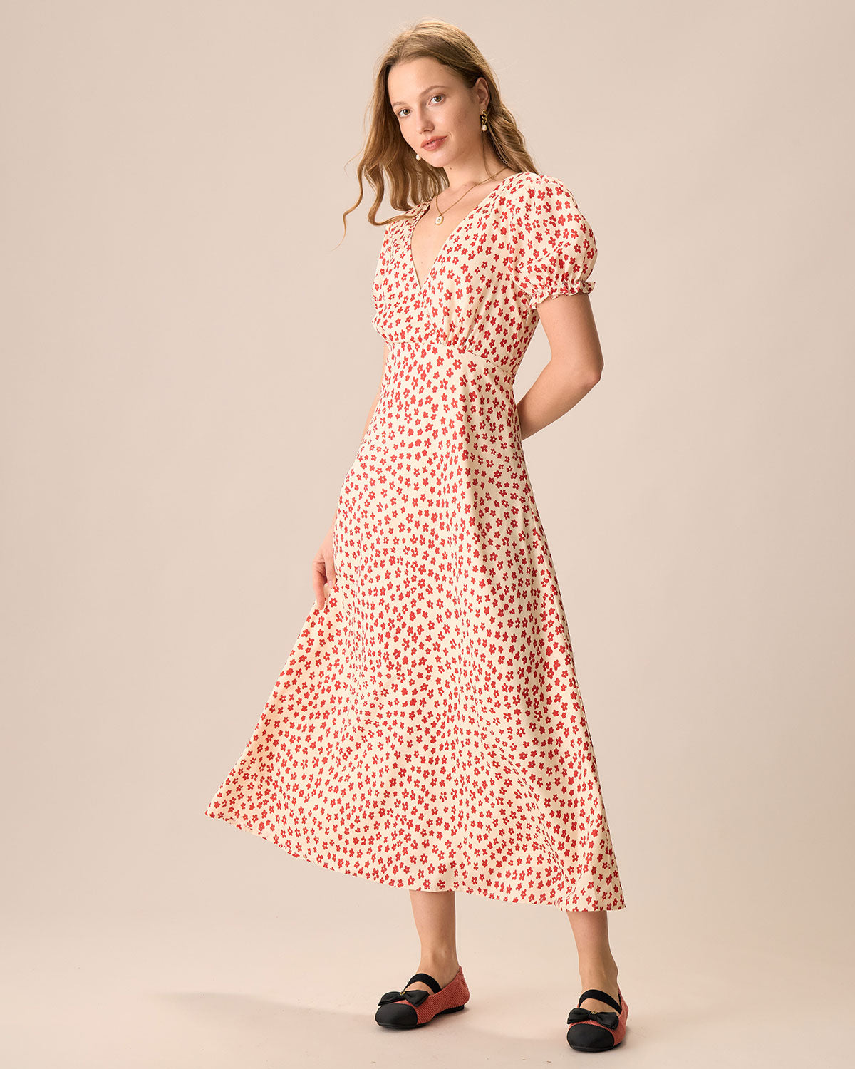The Red V-Neck Floral Puff Sleeve Maxi Dress - Threadford