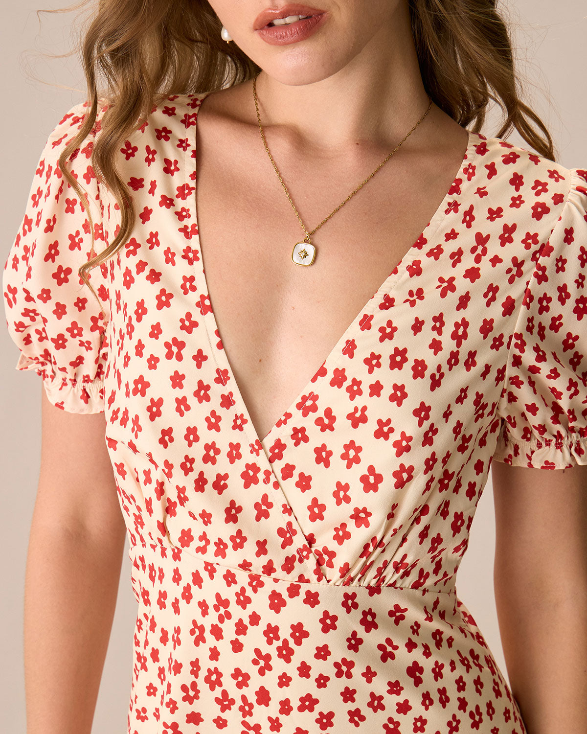 The Red V-Neck Floral Puff Sleeve Maxi Dress - Threadford