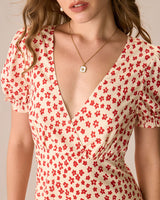 The Red V-Neck Floral Puff Sleeve Maxi Dress - Threadford