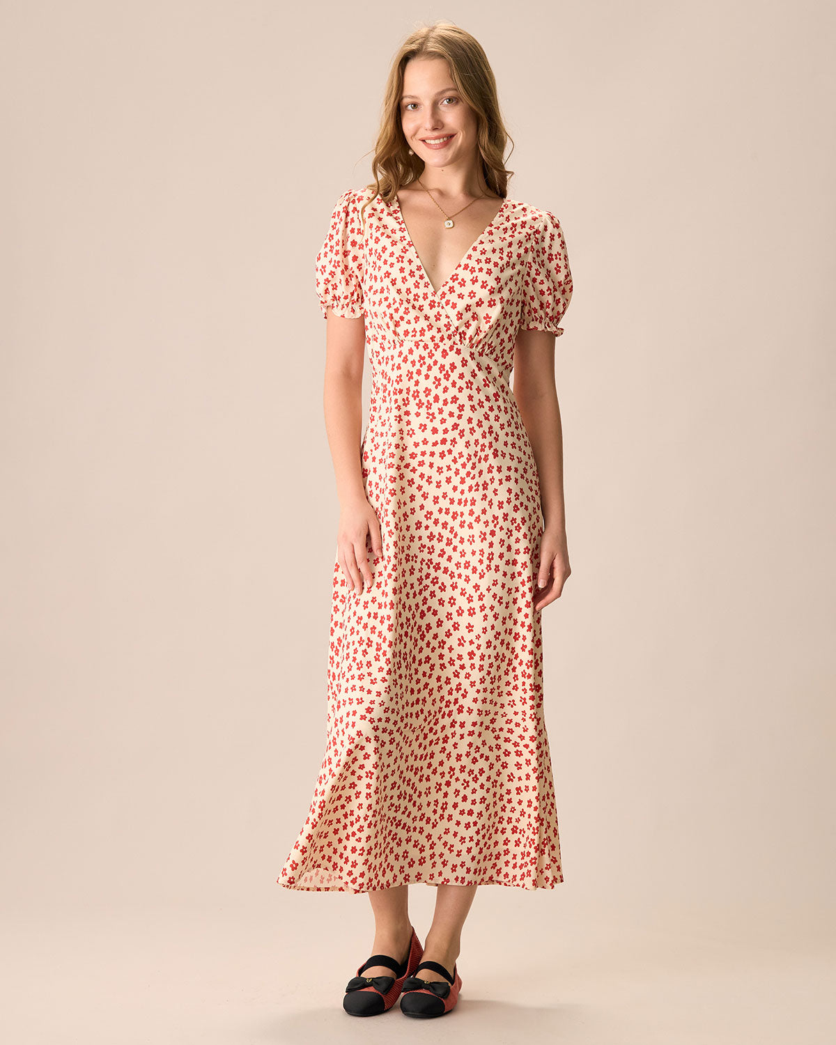 The Red V-Neck Floral Puff Sleeve Maxi Dress - Threadford