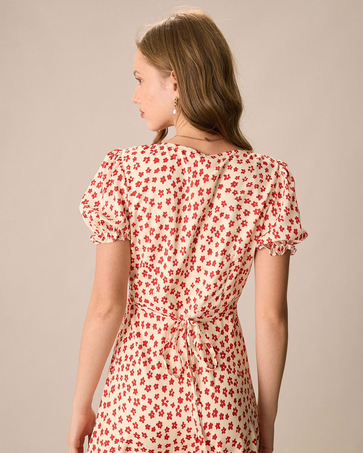 The Red V-Neck Floral Puff Sleeve Maxi Dress - Threadford