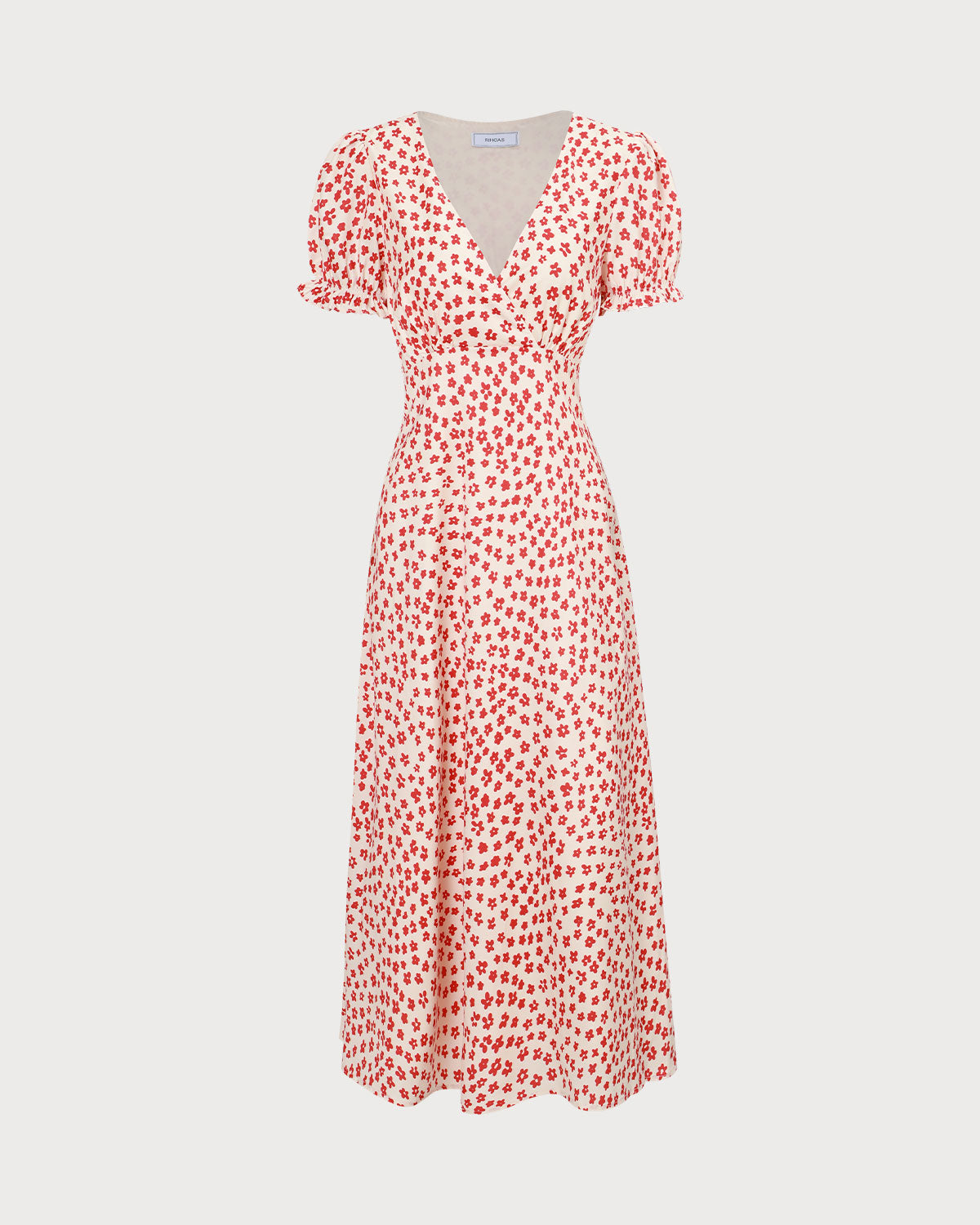 The Red V-Neck Floral Puff Sleeve Maxi Dress - Threadford