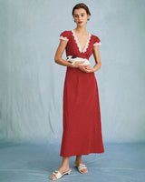 The Red V Neck Polka Dot Lace Ruched Maxi Dress - Threadford