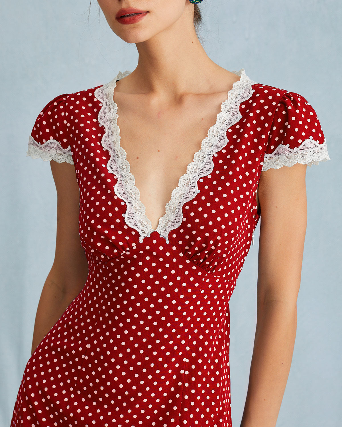 The Red V Neck Polka Dot Lace Ruched Maxi Dress - Threadford