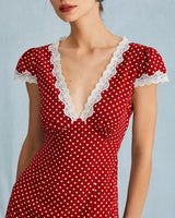 The Red V Neck Polka Dot Lace Ruched Maxi Dress - Threadford