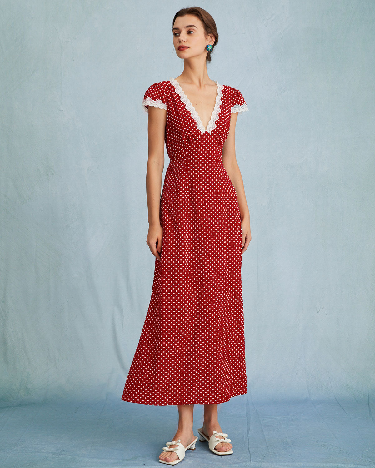 The Red V Neck Polka Dot Lace Ruched Maxi Dress - Threadford