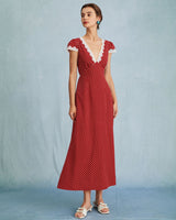The Red V Neck Polka Dot Lace Ruched Maxi Dress - Threadford