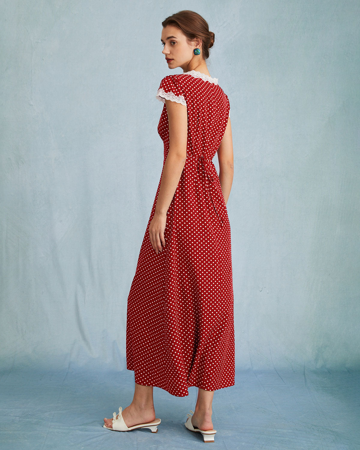 The Red V Neck Polka Dot Lace Ruched Maxi Dress - Threadford
