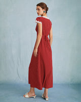 The Red V Neck Polka Dot Lace Ruched Maxi Dress - Threadford