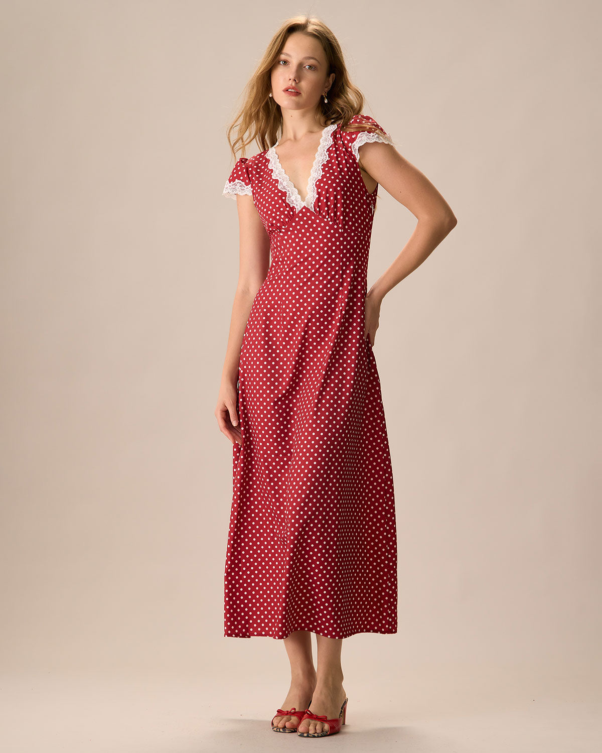 The Red V Neck Polka Dot Lace Ruched Maxi Dress - Threadford