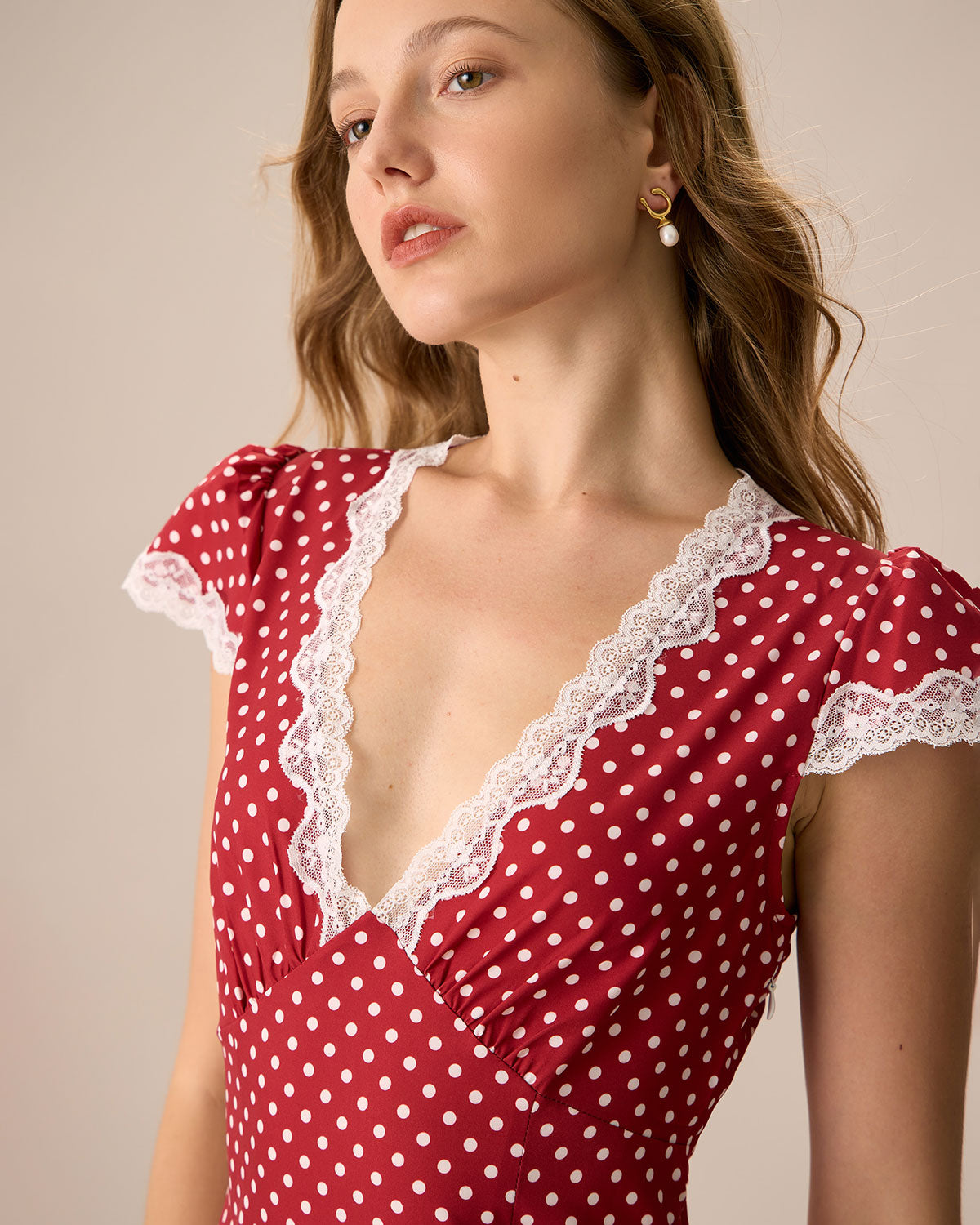 The Red V Neck Polka Dot Lace Ruched Maxi Dress - Threadford