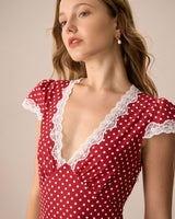 The Red V Neck Polka Dot Lace Ruched Maxi Dress - Threadford