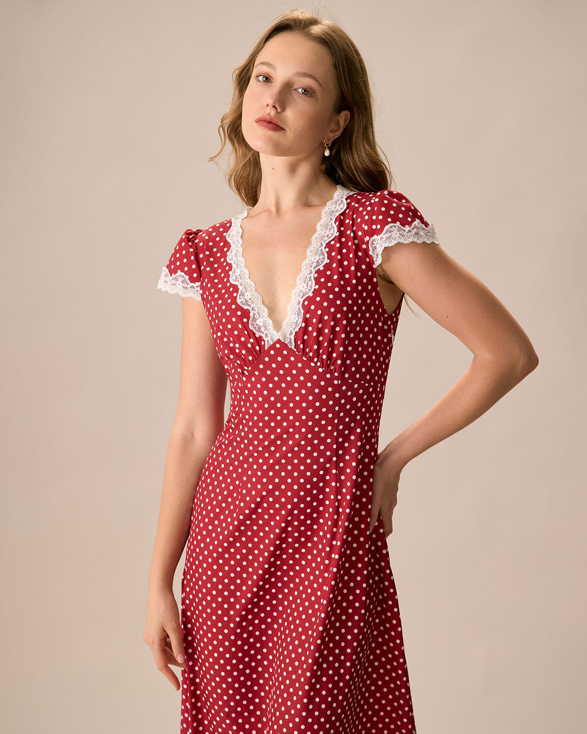 The Red V Neck Polka Dot Lace Ruched Maxi Dress - Threadford