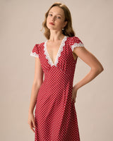The Red V Neck Polka Dot Lace Ruched Maxi Dress - Threadford