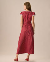 The Red V Neck Polka Dot Lace Ruched Maxi Dress - Threadford