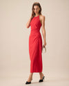 Women's Red Shirred Halter Maxi Dress - Threadford