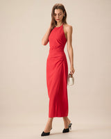 Women's Red Shirred Halter Maxi Dress - Threadford