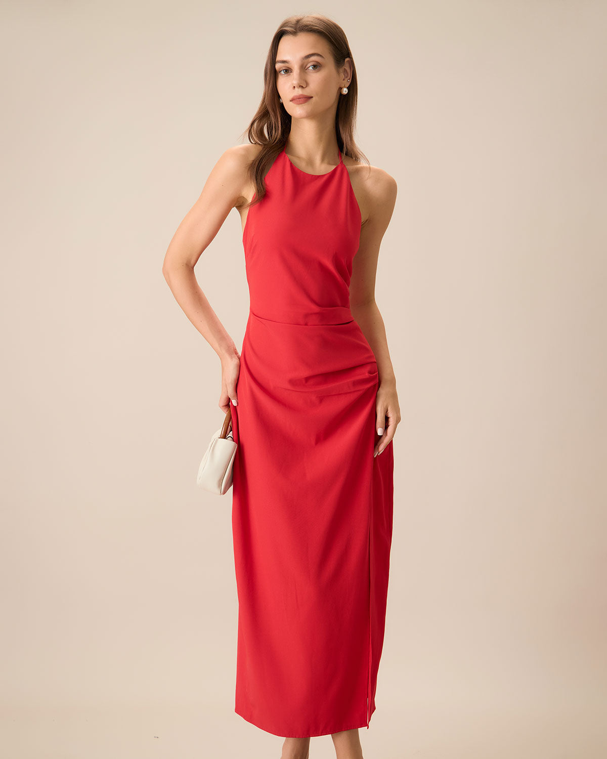 Women's Red Shirred Halter Maxi Dress - Threadford