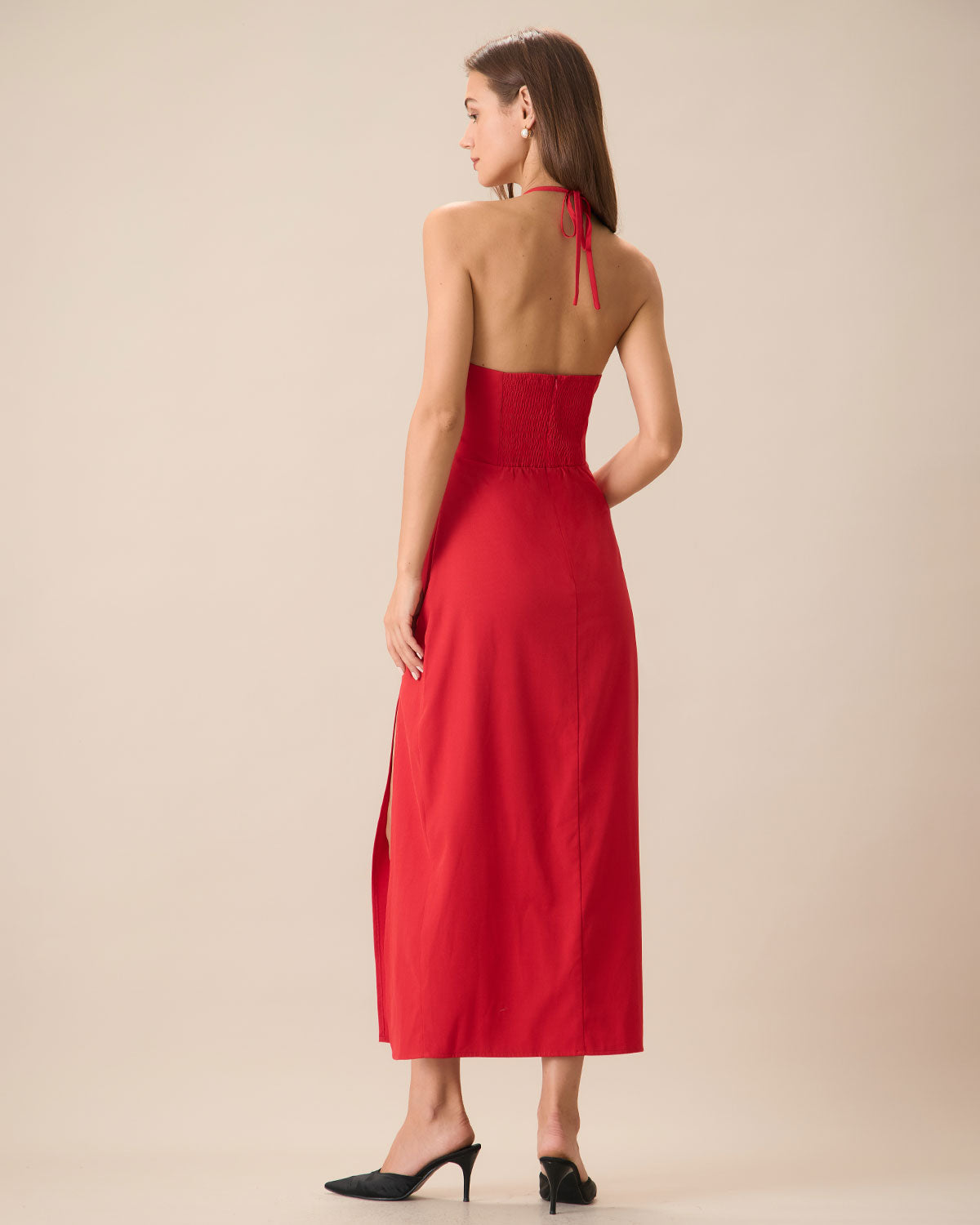 Women's Red Shirred Halter Maxi Dress - Threadford