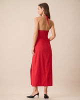 Women's Red Shirred Halter Maxi Dress - Threadford