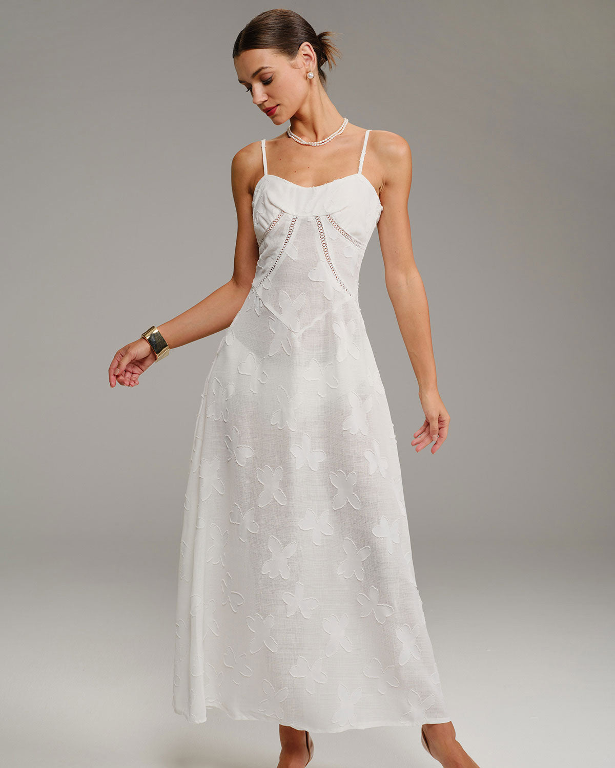 White Jacquard Slip Maxi Dress - Threadford