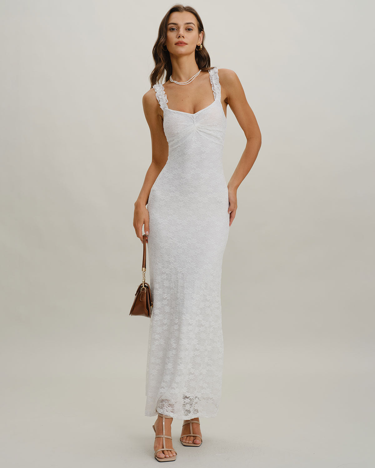 White Lace Bodycon Slip Maxi Dress - Threadford