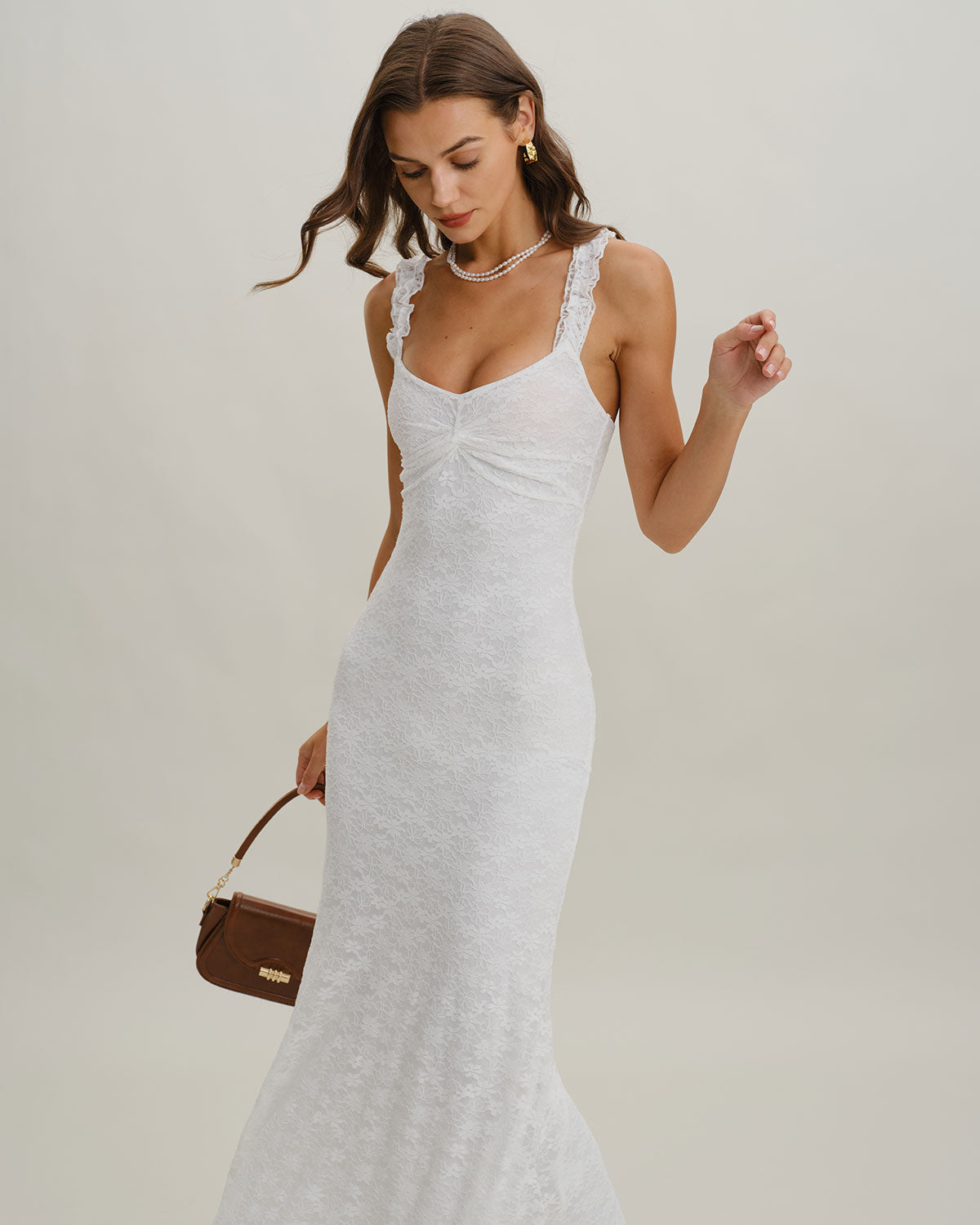 White Lace Bodycon Slip Maxi Dress - Threadford